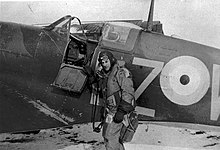 Hyde climbing into a Spitfire of No. 66 Squadron, 1940 Reg Hyde and his Spitfire, 1940.jpg