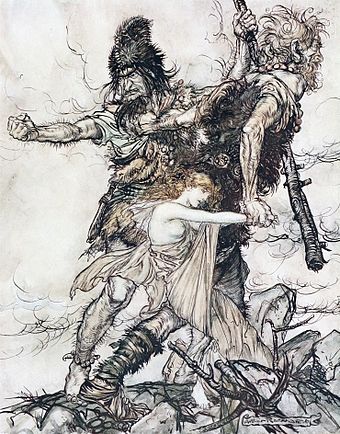 The giants Fafner and Fasolt seize Freyja in Arthur Rackham's illustration of Richard Wagner's Der Ring des Nibelungen.