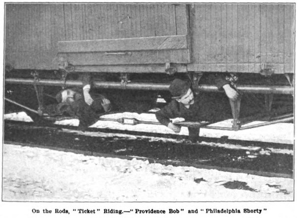 Two men riding underneath a freight train, 1894