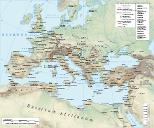 The Roman empire in the time of Hadrian (ruled 117-138 AD), showing, in northern Africa, the senatorial province of Africa Proconsularis (E. Algeria/Tunisia/Tripolitania). 1 legion deployed in 125. Roman Empire 125 general map.SVG