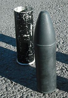 "Round, Anti-Riot, 1.5in Baton" 37 mm British Army rubber bullet, as used in Northern Ireland from 1970 to 1975 Rubber bullet.jpg