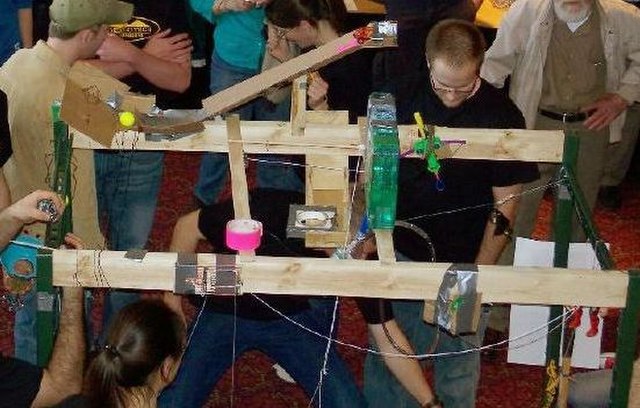 Rube Goldberg machine designers participating in a competition in New Mexico