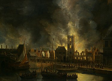 The Town Hall of Amsterdam on Fire in 1652 Circa 1652-1655. oil on panel medium QS:P186,Q296955;P186,Q106857709,P518,Q861259 . 89 × 121.8 cm (35 × 47.9 in). Amsterdam, Amsterdam Museum.