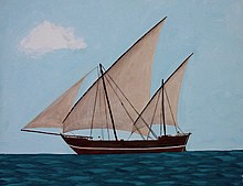 A large dhow with two settee sail rigs and a headsail. Sd11-boom.JPG