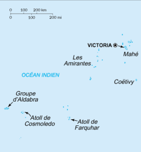 Mapa Seszeli przedstawiająca Wyspy Wewnętrzne (wokół Mahé) i Wyspy Zewnętrzne (Amirante, Wyspy Coëtivy, atol Farquhar, Cosmoledo i Aldabra).