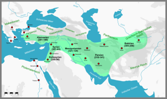Karte des Seleukidenreiches. Die Zugehörigkeit der Satrapien ist jeweils in vorchristlicher Zählung angegeben