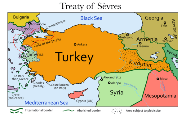 Borders of Turkey according to the unratified Treaty of Sèvres (1920) which was annulled and replaced by the Treaty of Lausanne (1923) in the aftermath of the Turkish War of Independence