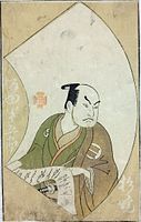 「七段目」　初代坂田半五郎の大星由良助。『絵本舞台扇』（明和7年〈1770年〉刊）、勝川春章画。