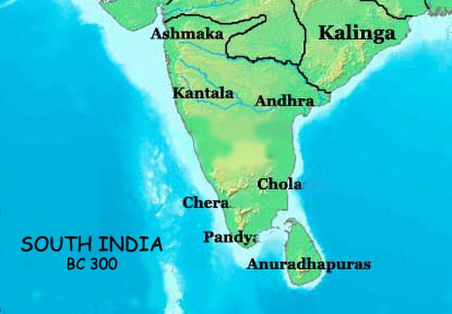 South India in BC 300, showing the Chera, Pandya and Chola countries