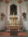 Collégiale baroque, autel majeur, retable avec tableau de l'Assomption, statues de saint Roch et saint ?