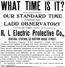 Advertisement for a telegraph time signal service (1900) Standard Time from Ladd Observatory.png