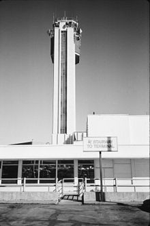 Control tower at Stapleton photographed from top level of close-in parking structure, 1995 Stapleton International Airport control tower.jpg