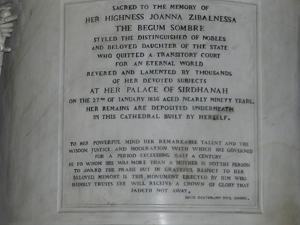 Inscription on the Statue of Begum Samru at the Basilica of Our Lady Of Graces in Sardhana