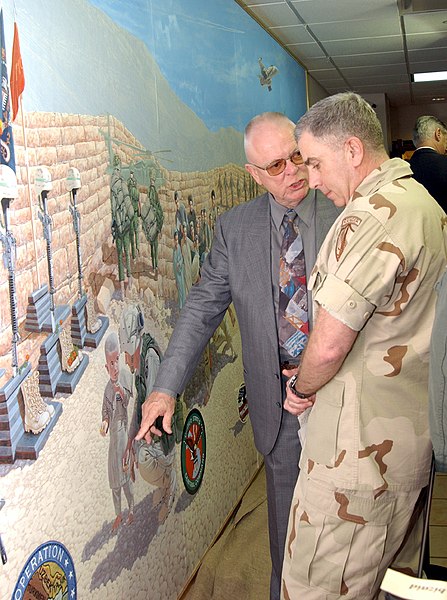 File:Stewart Wavell-Smith shows John Abizaid some of the images portrayed in the Enduring Freedom Mural.jpg