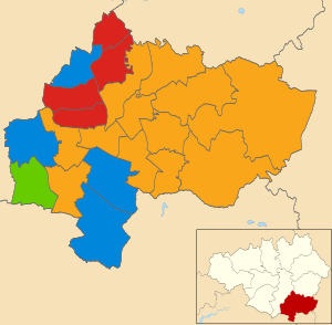 Map showing the results of the 2008 Stockport Metropolitan Borough Council elections by ward. Stockport UK local election 2008 map.svg