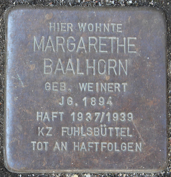 File:Stolperstein Forsmannstraße 7 (Margarethe Baalhorn) in Hamburg-Winterhude.jpg