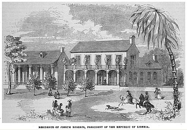 Residence of Joseph Jenkins Roberts, first President of Liberia, between 1848 and 1852. T. WILLIAMS (c1850) Residence of Joseph Roberts, President of the Republic of Liberia.jpg
