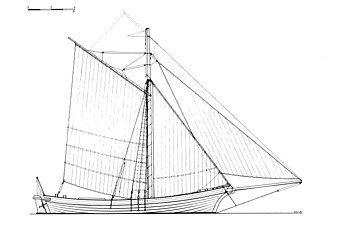 Enkel illustrasjon av en eldre, liten seilskute brukt som brønnbåt.