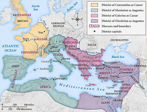 Map of the Roman Empire under the Tetrarchy, showing the dioceses and the four Tetrarchs' zones of control.