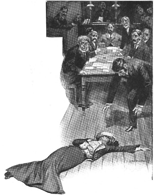 Illustration of a woman prostrate on the floor with a crowd of men reacting