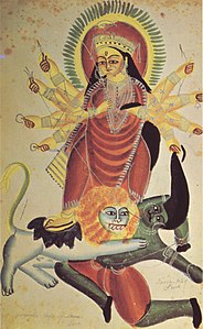 The goddess durga on her lion kills the demon mahishasura, 1880, kalighat school.jpg