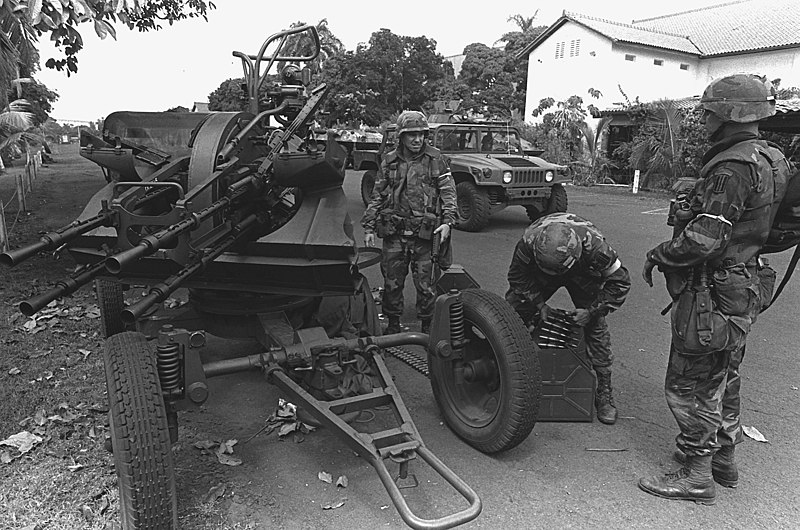 File:Three 5th Infantry Division (Mechanized) soldiers inspect a Soviet-made ZPU-4 14.5mm anti-aircraft machine gun left behind by Panamanian Defense Force soldiers who fled the base during the early stages of Operation Just Cause.jpg