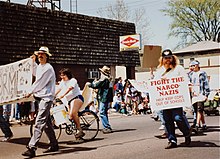 Davis marching with NORML in the Minneapolis MayDay Parade, in 1991 Tim Davis in 1991 Minneapolis MayDay Parade.jpeg