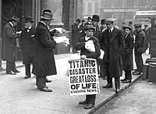 London paperboy Ned Parfett outside the White Star Line offices Titanic newspaper boy.jpg