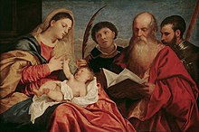 Mary with Child and Three Saints Tiziano Vecellio, gen. Tizian - Maria mit Kind und den Hll. Stephanus, Hieronymus und Mauritius - GG 93 - Kunsthistorisches Museum.jpg