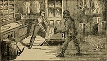 An illustration from Horatio Alger's Tom Temple's Career shows a burglar using "dark lantern" which shines in only one direction. Tom Temple's career (1888) (14765338502).jpg