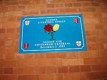 A plaque commemorating the twinning of Liverpool Street and Amsterdam Centraal stations Twinning plaque at Liverpool Street station.jpg