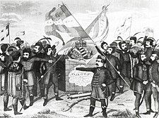 Magyarország és Erdély egyesülésének allegóriája. Tyroler József metszete (1848)