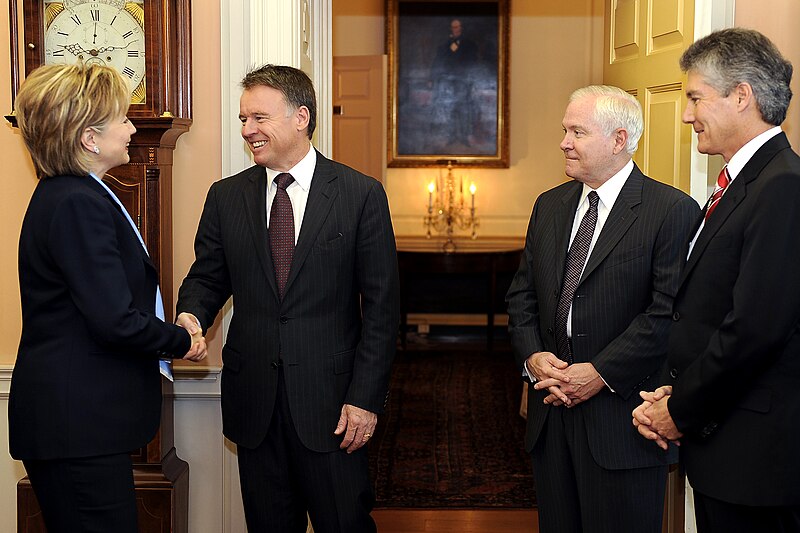 File:U.S. Secretary of State Hillary Clinton welcomes Australian Defense Minister Joel Fitzgibbon, U.S. Defense Secretary Robert M. Gates and Australian Minister for Foreign Affairs Stephen Smith to the U.S. State Department.jpg