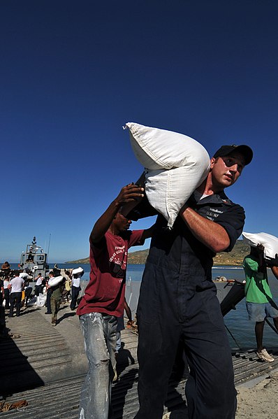 File:US Navy 080915-N-8907D-284 Gunner's Mate 2nd Class Shaun Reagan, embarked aboard the amphibious assault ship USS Kearsarge (LHD 3), carries a sack of rice during a humanitarian assistance mission in Haiti.jpg