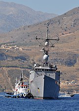 The Oliver Hazard Perry-class guided-missile frigate USS De Wert (FFG 45) arrives for a port visit to Crete on 24 August 2011 US Navy 110824-N-MO201-038 The USS De Wert enters a port in Greece.jpg
