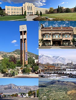 Von links oben nach rechts unten: Ogden High School, Glockenturm der Weber State University, Peery's Egyptian Theatre, Downtown, Gantry Sign, Luftbild