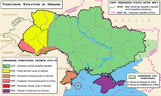 Territorial evolution of the Ukrainian SSR 1922–1954. Polish Volhynia gained (1939); transcarpatia gained (1945); Romanian islands gained (1948); Crimea gained (1954).