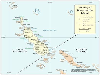 District map of Bougainville Island (North Solomons). The Carteret Islands are labelled Tulun Islands here (near top left).