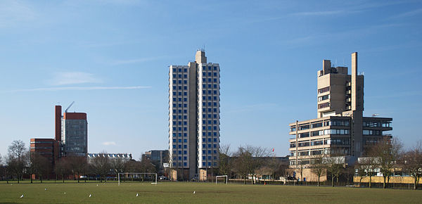 University of Leicester seen from Victoria Park – left to right: the Engineering Building, the Attenborough Tower, the Charles Wilson Building.