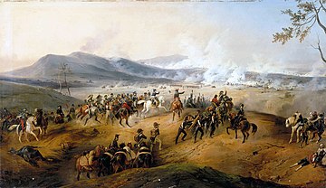Painting showing a group of officers watching a battle in the distance