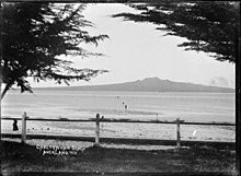 View of Rangitoto Island from Cheltenham Beach, Devonport, c. 1908
