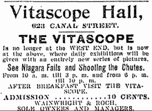 Ad for Vitascope Hall, New Orleans, offering "an entirely new series of pictures". Vitascope Hall Daily Picayune NOLA 31 July 1896.png