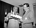 1974年10月11日 English: Von Braun, a former Marshall Space Flight Center (MSFC) Director, and Dr. William R. Lucas, a newly appointed MSFC Director, viewing a shuttle model.