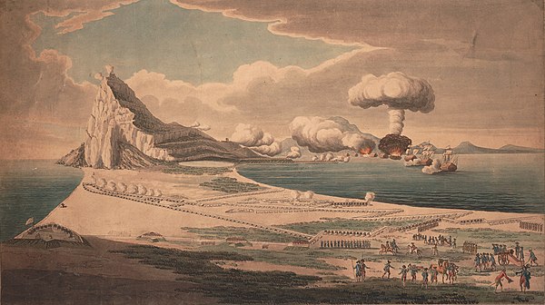 Grand Assault on Gibraltar showing the allied lines and a detonation of one of the floating batteries