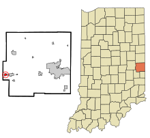 Wayne County Indiana Sisällytetyt ja rekisteröimättömät alueet Dublin Highlighted.svg