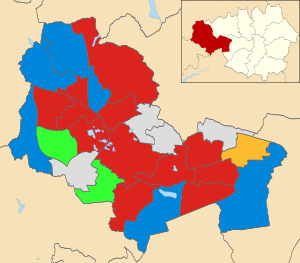 Map of the results of the 2008 Wigan council election. Labour in red, Conservatives in blue, independent in grey, Community Action Party in green and Liberal Democrats in yellow. Wigan UK local election 2008 map.svg