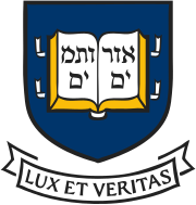 Yale University coat of arms, with Urim and Thummim shown in Hebrew letters on an open book Yale University Shield 1.svg