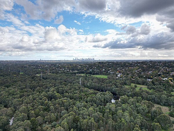 Yarra Flats Park facing the Melbourne skyline. April 2024.