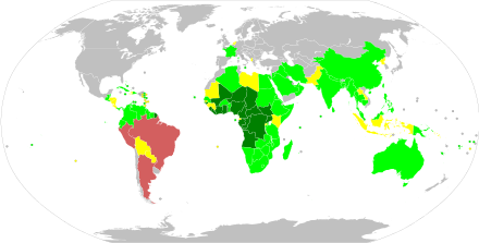 Vaccination against yellow fever ten days before entering this country/territory is required for travellers coming from ...
.mw-parser-output .legend{page-break-inside:avoid;break-inside:avoid-column}.mw-parser-output .legend-color{display:inline-block;min-width:1.25em;height:1.25em;line-height:1.25;margin:1px 0;text-align:center;border:1px solid black;background-color:transparent;color:black}.mw-parser-output .legend-text{}
All countries
Risk countries (including airport transfers)
Risk countries (excluding airport transfers)
No requirement (risk country)
No requirement (non-risk country) Yellow fever vaccination travel requirements map.svg