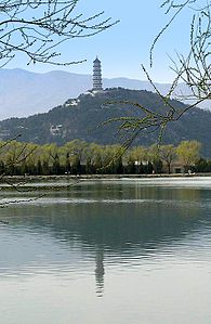 View over Kunming Lake towards Jade Spring Hill with Jade Peak Pagoda